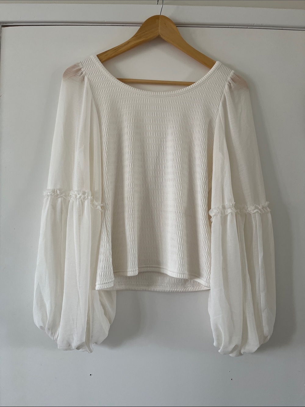 Anthropologie Cream Smocked Bodice Balloon Sleeve Blouse - Picture 3 of 5